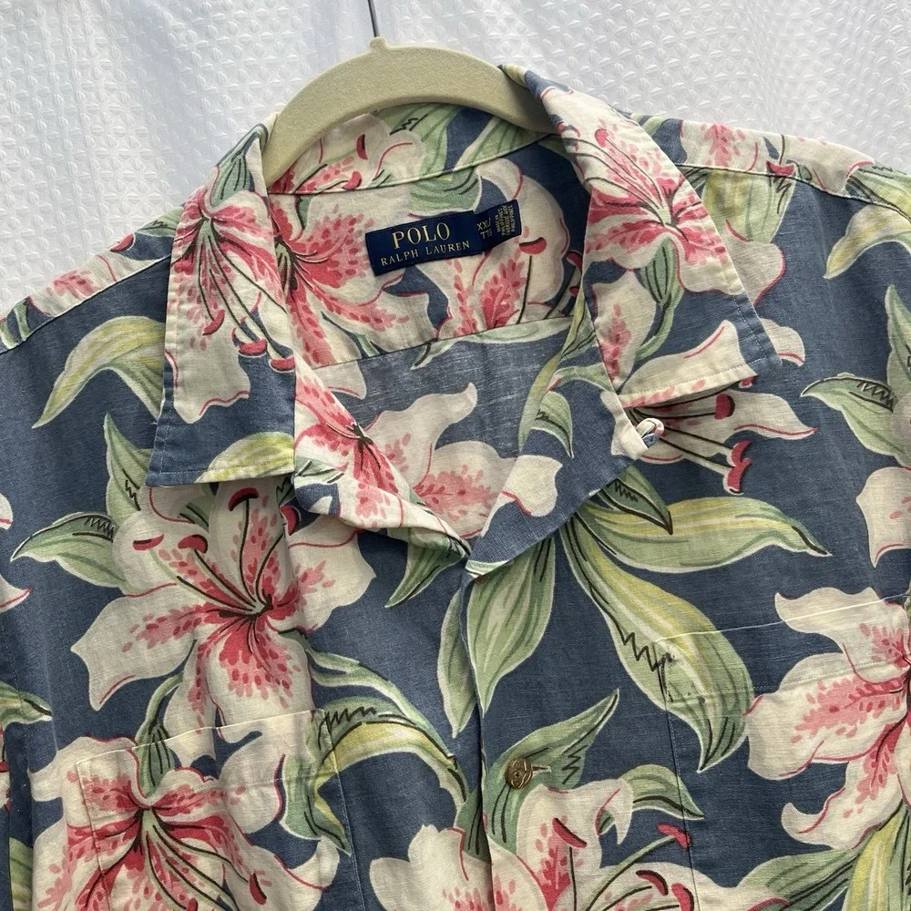 Polo Ralph Lauren Mens 100% Linen Hibiscus Print Hawaiian Tropical Camp Shirt 2X